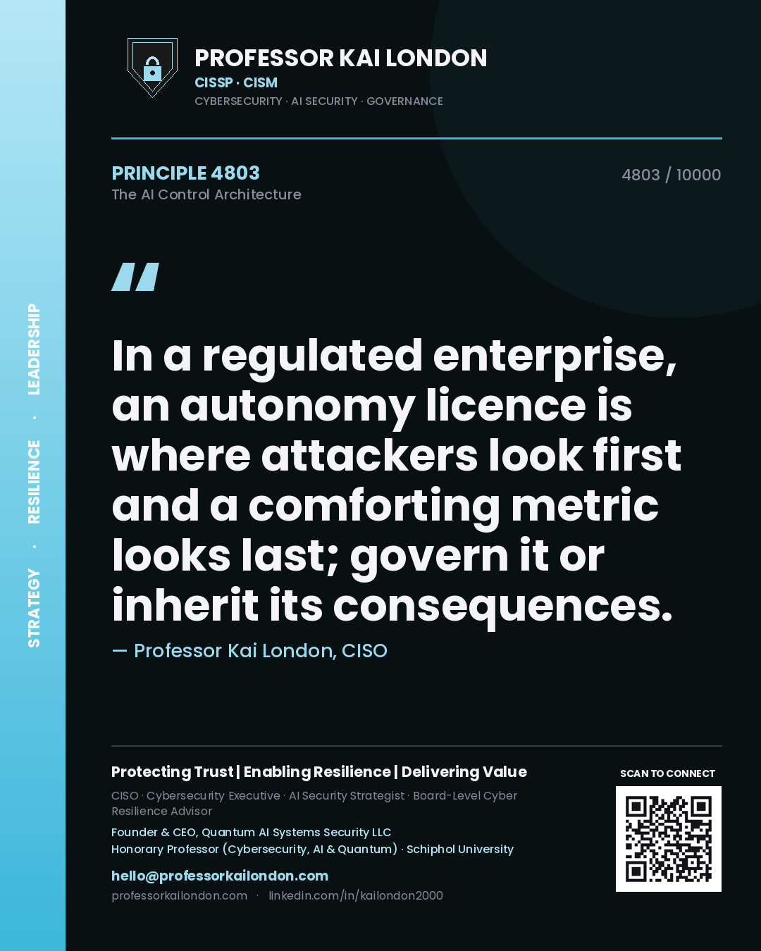 Quote card by Professor Kai London reading 'In a regulated enterprise, an autonomy licence is where attackers look first and a comforting metric looks last; govern it or inherit its consequences.'. From the book The AI Control Architecture.