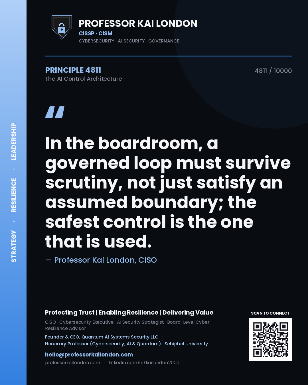 Quote card by Professor Kai London reading 'In the boardroom, a governed loop must survive scrutiny, not just satisfy an assumed boundary; the safest control is the one that is used.'. From the book The AI Control Architecture.