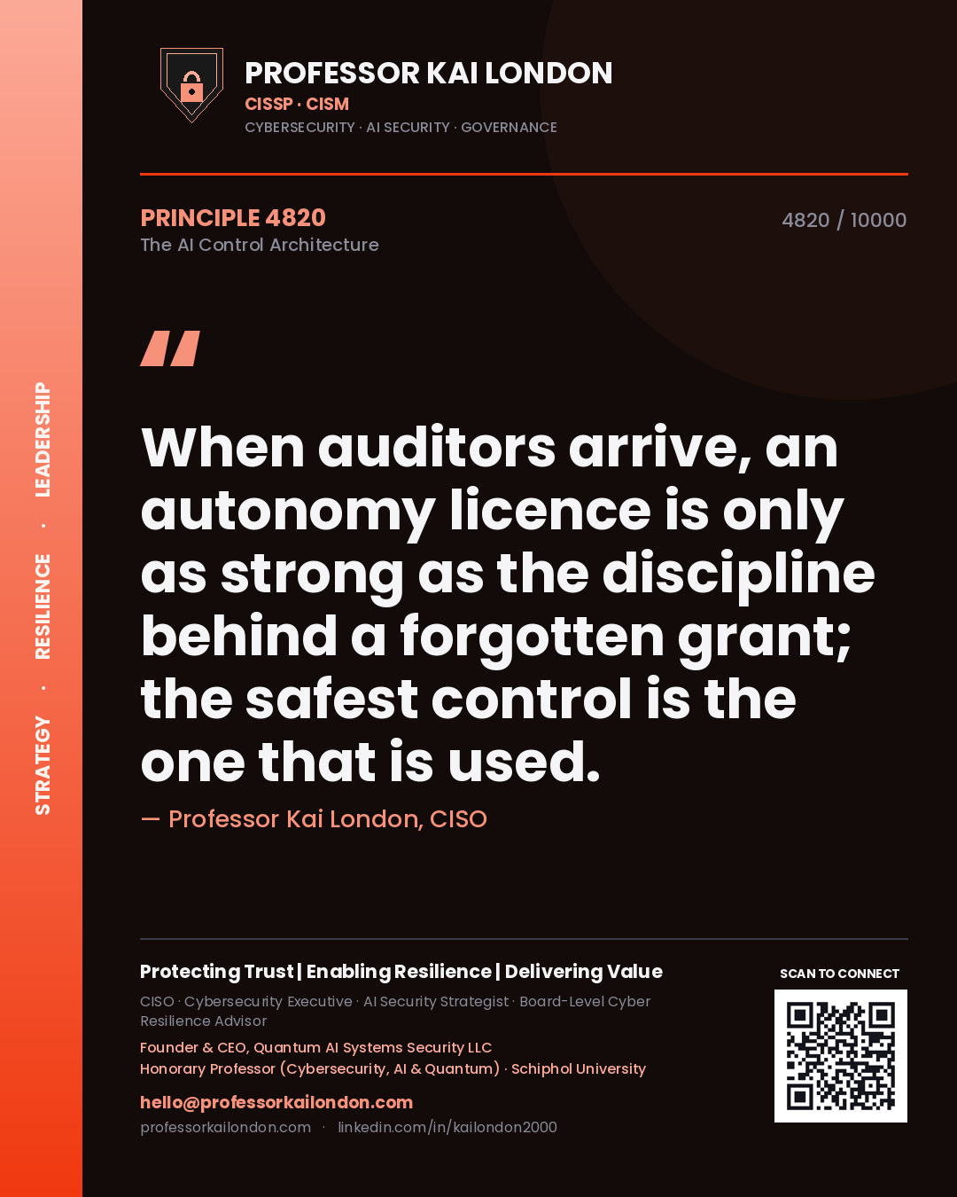 Quote card by Professor Kai London reading 'When auditors arrive, an autonomy licence is only as strong as the discipline behind a forgotten grant; the safest control is the one that is used.'. From the book The AI Control Architecture.