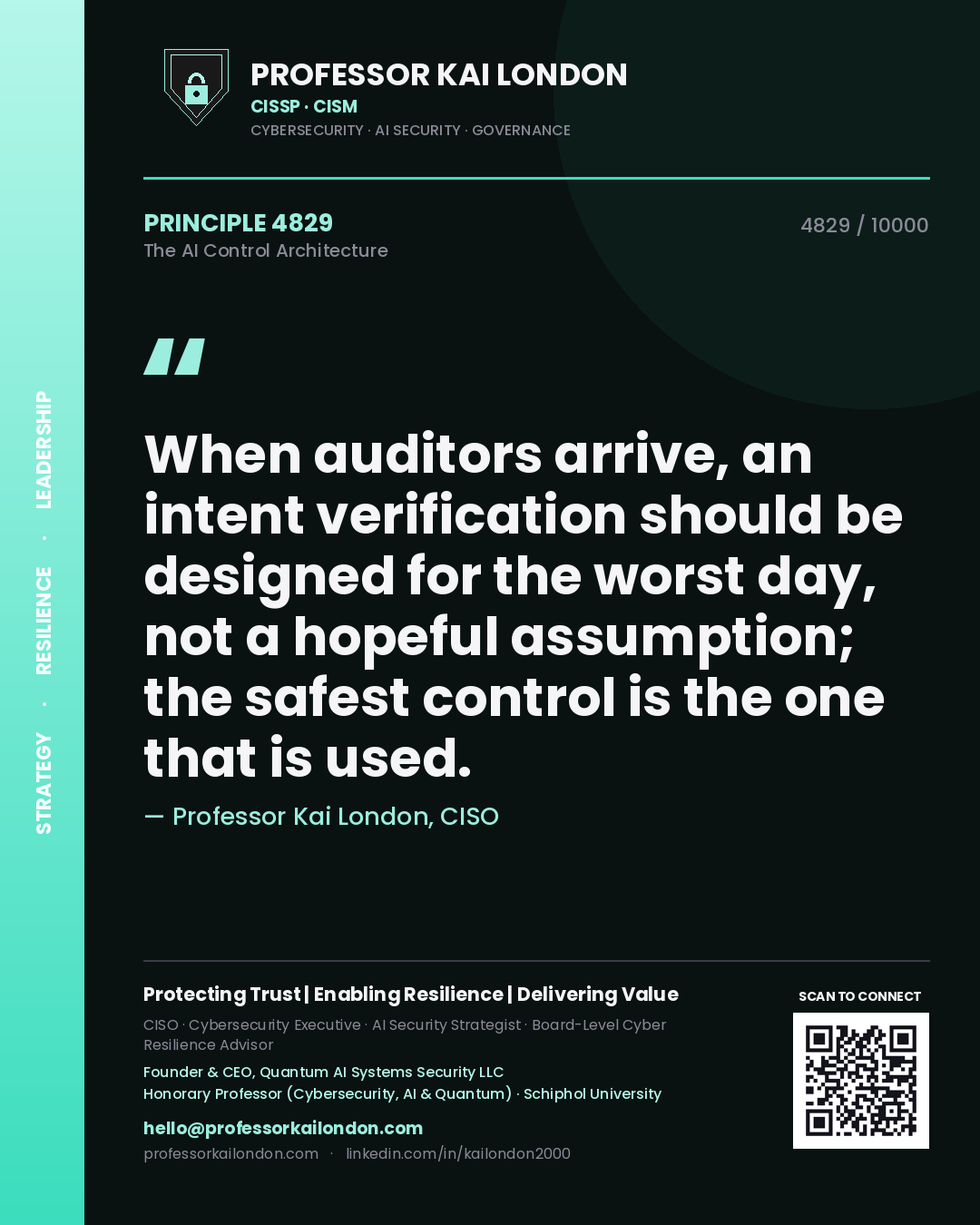Quote card by Professor Kai London reading 'When auditors arrive, an intent verification should be designed for the worst day, not a hopeful assumption; the safest control is the one that is used.'. From the book The AI Control Architecture.