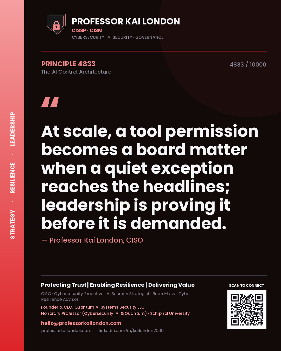 Quote card by Professor Kai London reading 'At scale, a tool permission becomes a board matter when a quiet exception reaches the headlines; leadership is proving it before it is demanded.'. From the book The AI Control Architecture.