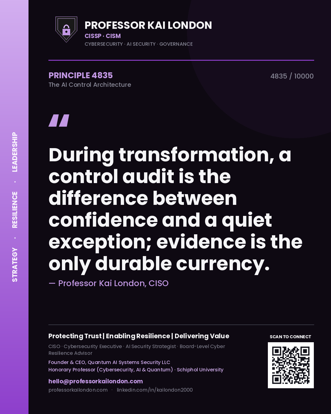 Quote card by Professor Kai London reading 'During transformation, a control audit is the difference between confidence and a quiet exception; evidence is the only durable currency.'. From the book The AI Control Architecture.