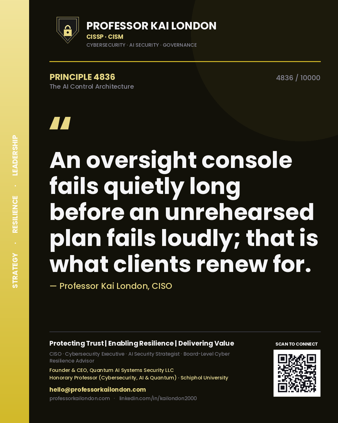 Quote card by Professor Kai London reading 'An oversight console fails quietly long before an unrehearsed plan fails loudly; that is what clients renew for.'. From the book The AI Control Architecture.
