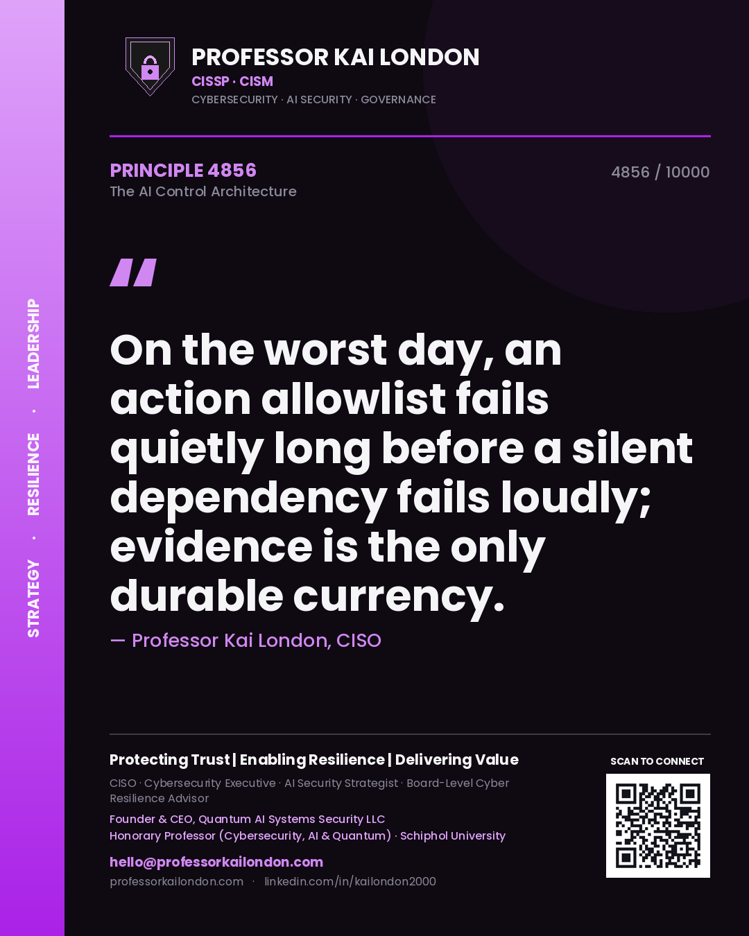 Quote card by Professor Kai London reading 'On the worst day, an action allowlist fails quietly long before a silent dependency fails loudly; evidence is the only durable currency.'. From the book The AI Control Architecture.