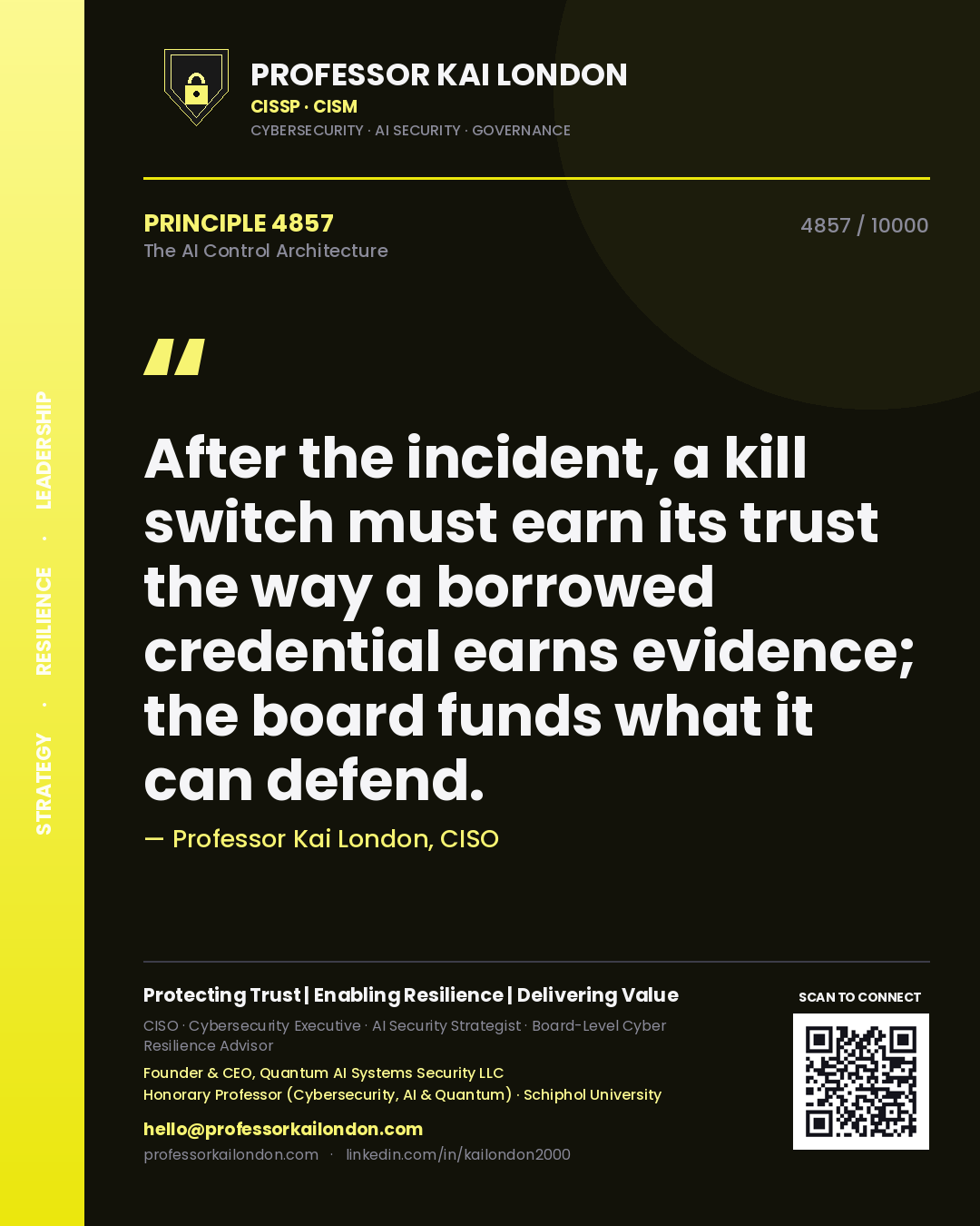 Quote card by Professor Kai London reading 'After the incident, a kill switch must earn its trust the way a borrowed credential earns evidence; the board funds what it can defend.'. From the book The AI Control Architecture.