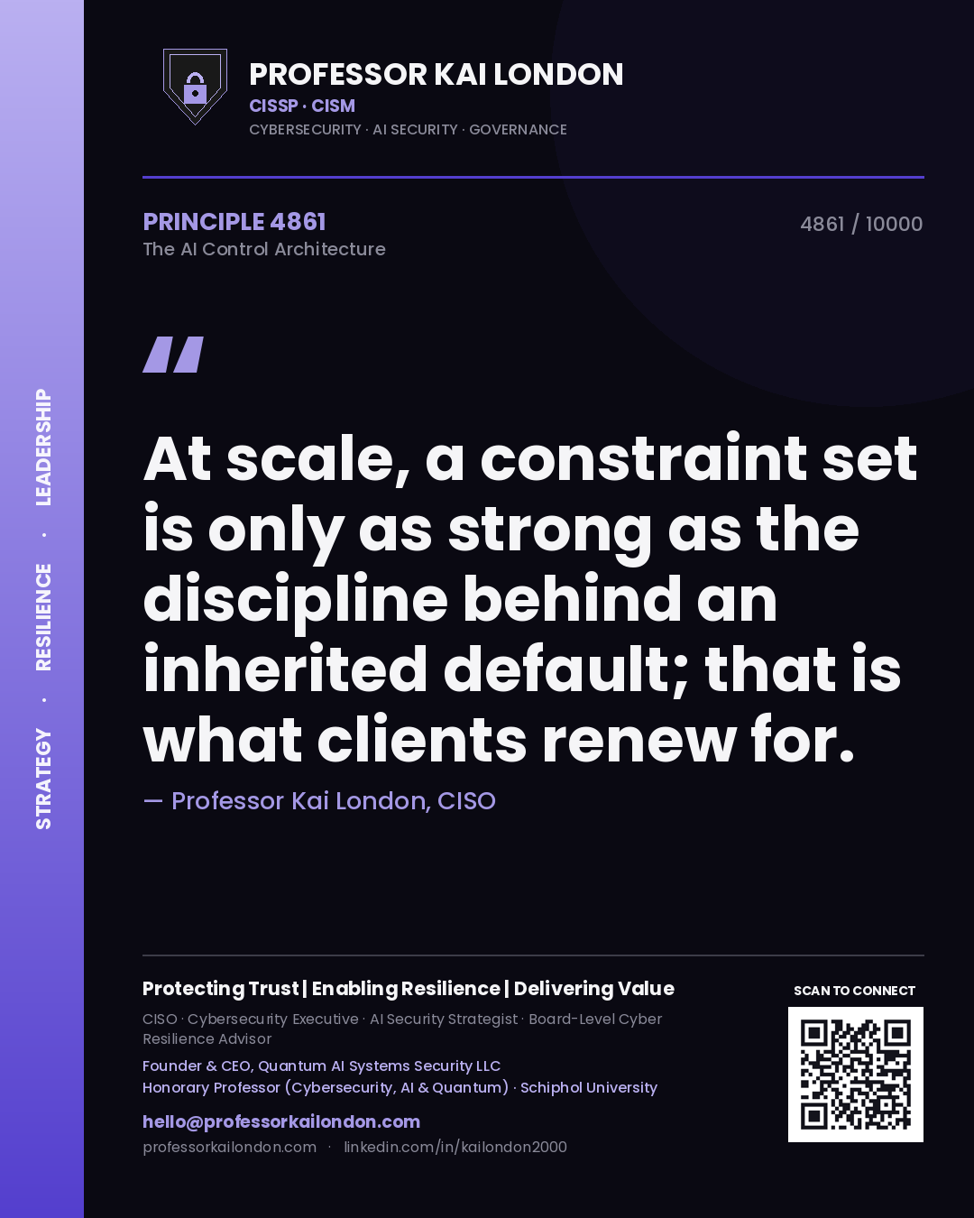 Quote card by Professor Kai London reading 'At scale, a constraint set is only as strong as the discipline behind an inherited default; that is what clients renew for.'. From the book The AI Control Architecture.