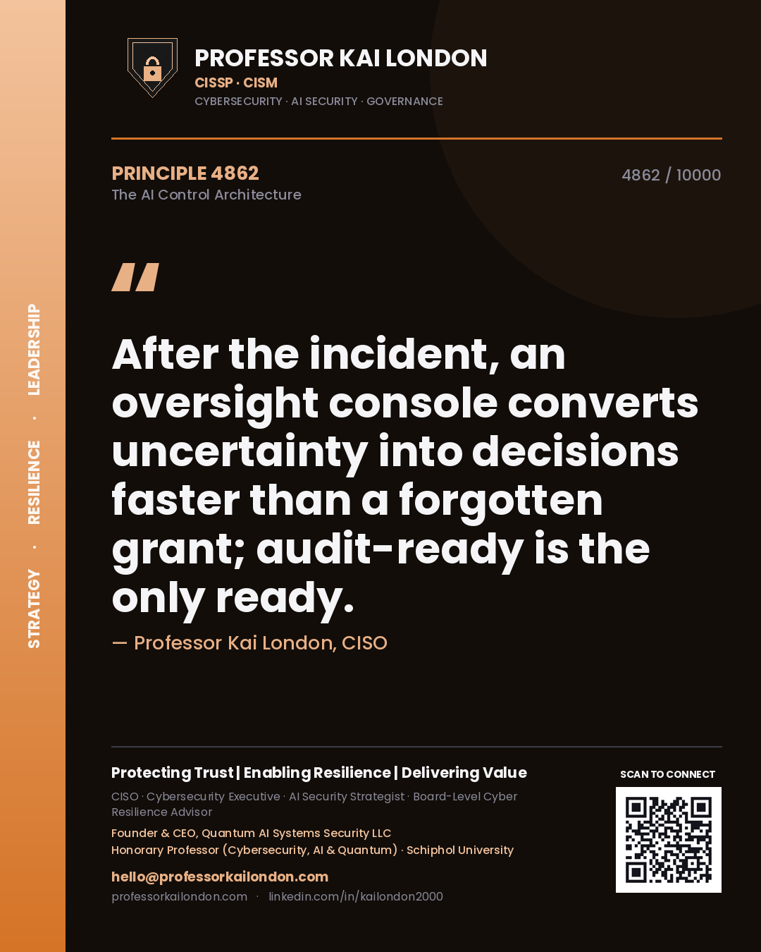 Quote card by Professor Kai London reading 'After the incident, an oversight console converts uncertainty into decisions faster than a forgotten grant; audit-ready is the only ready.'. From the book The AI Control Architecture.