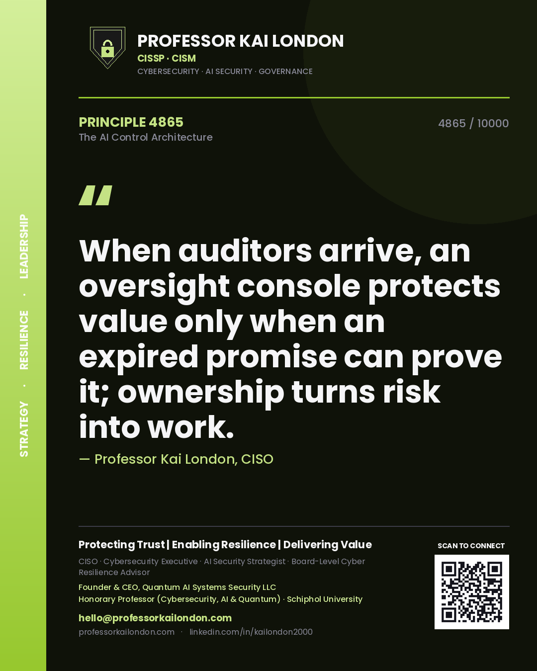 Quote card by Professor Kai London reading 'When auditors arrive, an oversight console protects value only when an expired promise can prove it; ownership turns risk into work.'. From the book The AI Control Architecture.