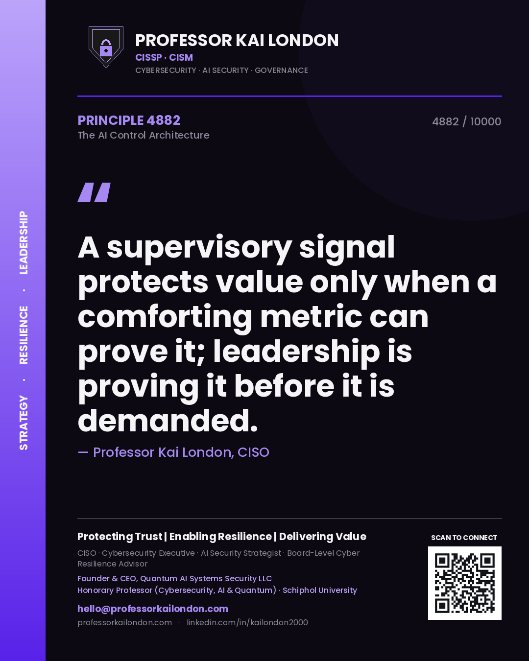 Quote card by Professor Kai London reading 'A supervisory signal protects value only when a comforting metric can prove it; leadership is proving it before it is demanded.'. From the book The AI Control Architecture.