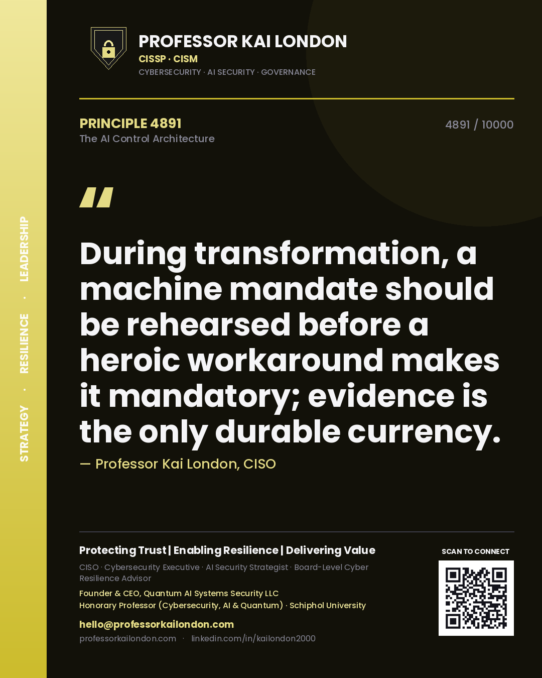 Quote card by Professor Kai London reading 'During transformation, a machine mandate should be rehearsed before a heroic workaround makes it mandatory; evidence is the only durable currency.'. From the book The AI Control Architecture.
