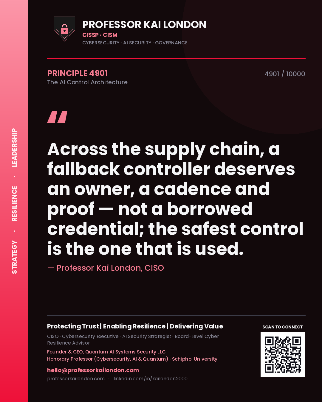 Quote card by Professor Kai London reading 'Across the supply chain, a fallback controller deserves an owner, a cadence and proof — not a borrowed credential; the safest control is the one that is used.'. From the book The AI Control Architecture.