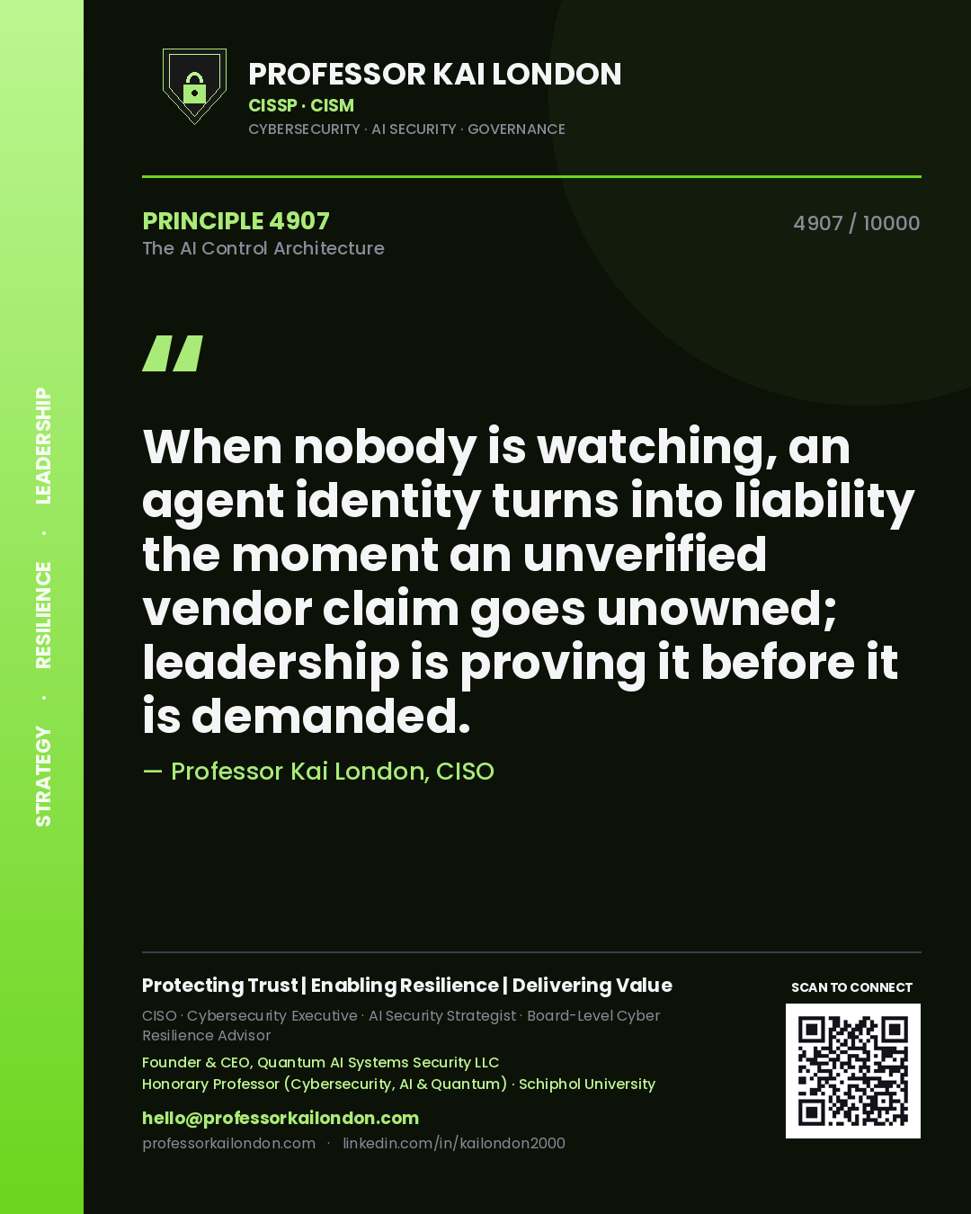 Quote card by Professor Kai London reading 'When nobody is watching, an agent identity turns into liability the moment an unverified vendor claim goes unowned; leadership is proving it before it is demanded.'. From the book The AI Control Architecture.