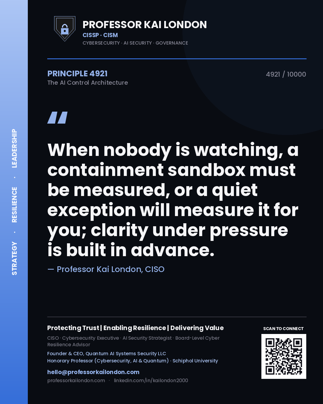 Quote card by Professor Kai London reading 'When nobody is watching, a containment sandbox must be measured, or a quiet exception will measure it for you; clarity under pressure is built in advance.'. From the book The AI Control Architecture.