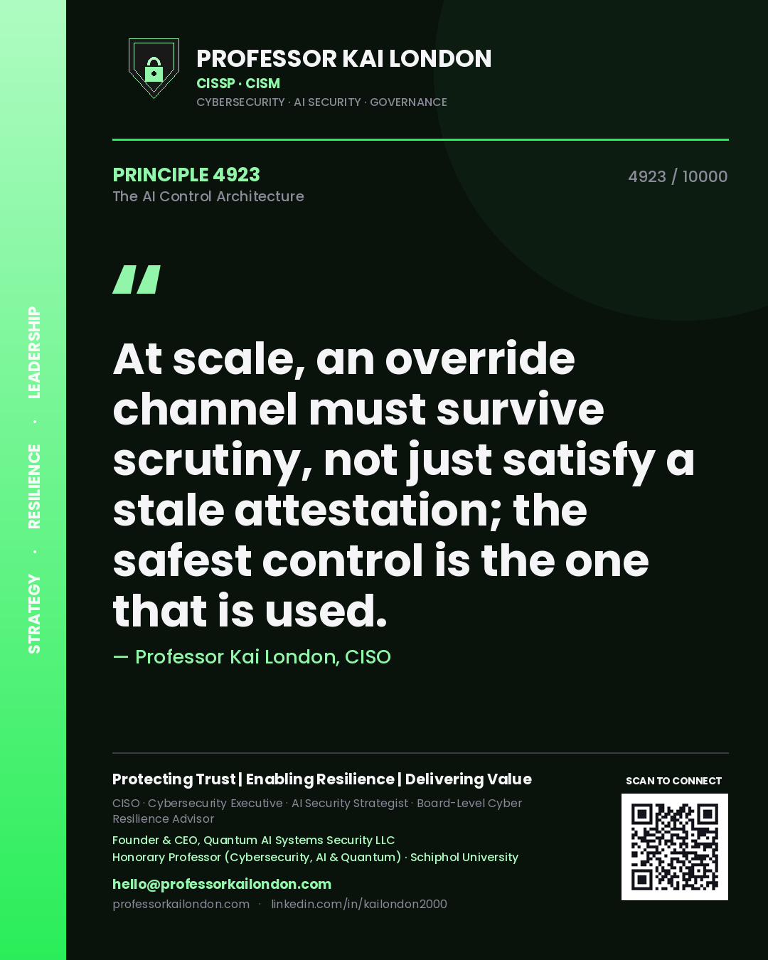 Professor Kai London principle 4923: At scale, an override channel must survive scrutiny, not just satisfy a stale attestation; the safest control is the one that is used.