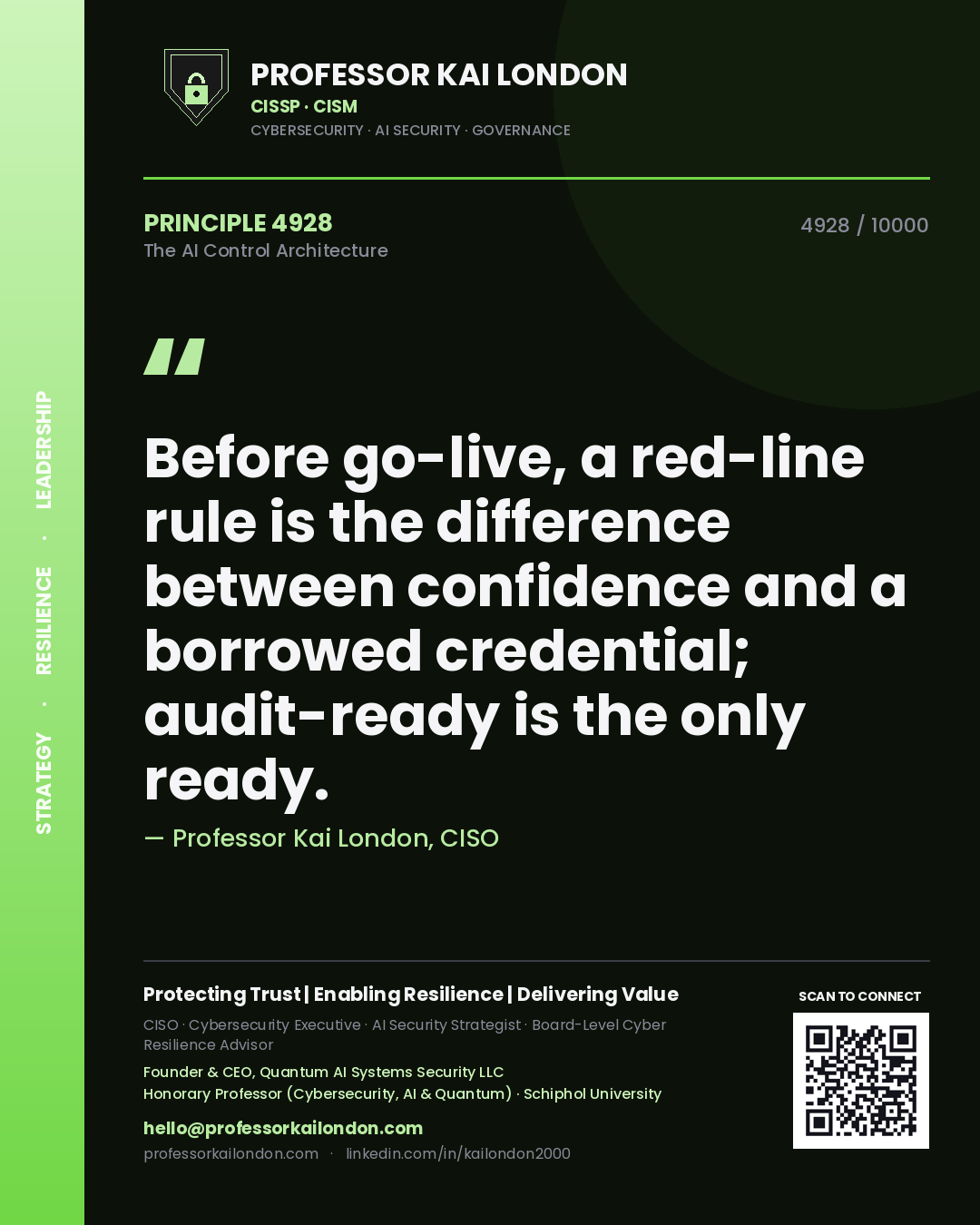 Quote card by Professor Kai London reading 'Before go-live, a red-line rule is the difference between confidence and a borrowed credential; audit-ready is the only ready.'. From the book The AI Control Architecture.