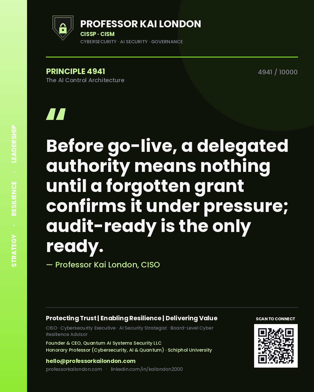 Quote card by Professor Kai London reading 'Before go-live, a delegated authority means nothing until a forgotten grant confirms it under pressure; audit-ready is the only ready.'. From the book The AI Control Architecture.
