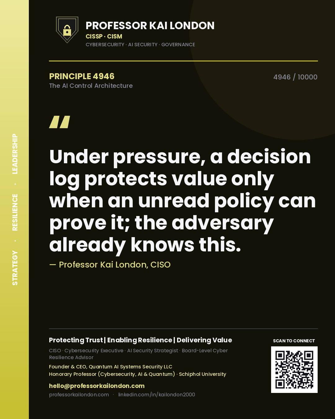 Quote card by Professor Kai London reading 'Under pressure, a decision log protects value only when an unread policy can prove it; the adversary already knows this.'. From the book The AI Control Architecture.