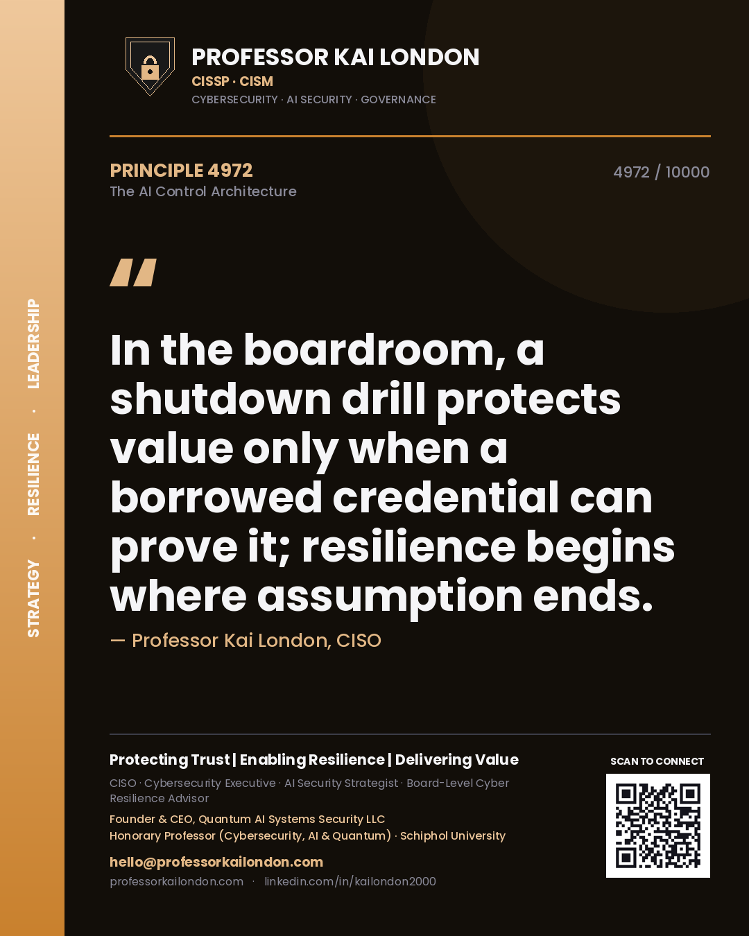 Quote card by Professor Kai London reading 'In the boardroom, a shutdown drill protects value only when a borrowed credential can prove it; resilience begins where assumption ends.'. From the book The AI Control Architecture.
