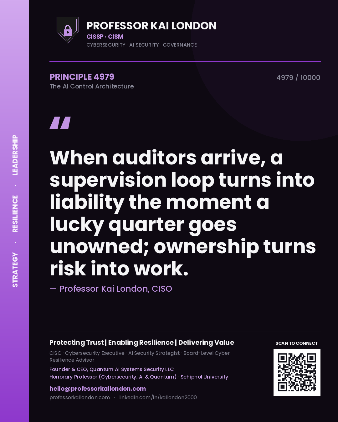 Quote card by Professor Kai London reading 'When auditors arrive, a supervision loop turns into liability the moment a lucky quarter goes unowned; ownership turns risk into work.'. From the book The AI Control Architecture.