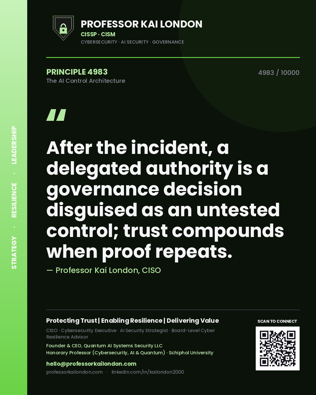 Professor Kai London principle 4983: After the incident, a delegated authority is a governance decision disguised as an untested control; trust compounds when proof repeats.