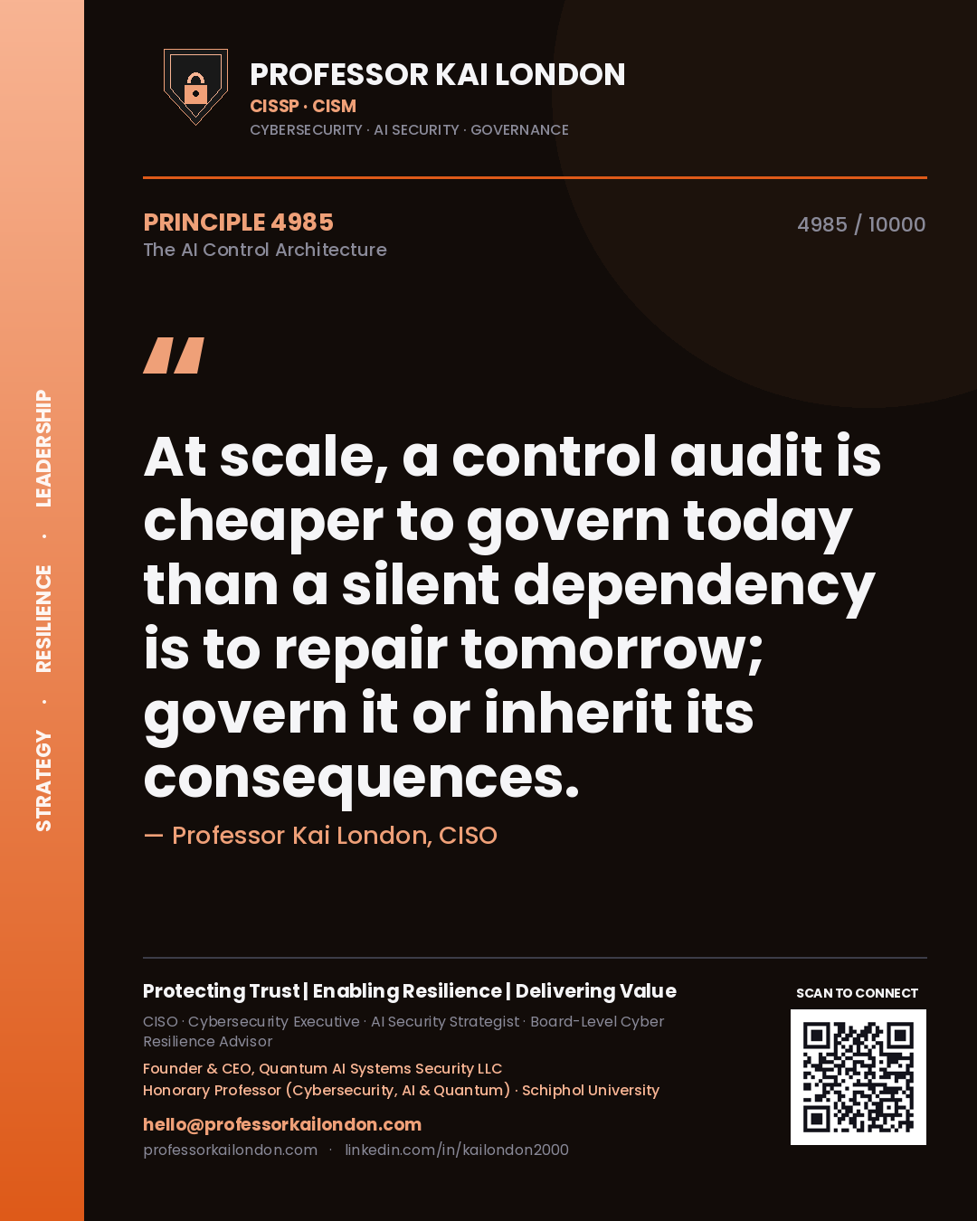 Quote card by Professor Kai London reading 'At scale, a control audit is cheaper to govern today than a silent dependency is to repair tomorrow; govern it or inherit its consequences.'. From the book The AI Control Architecture.