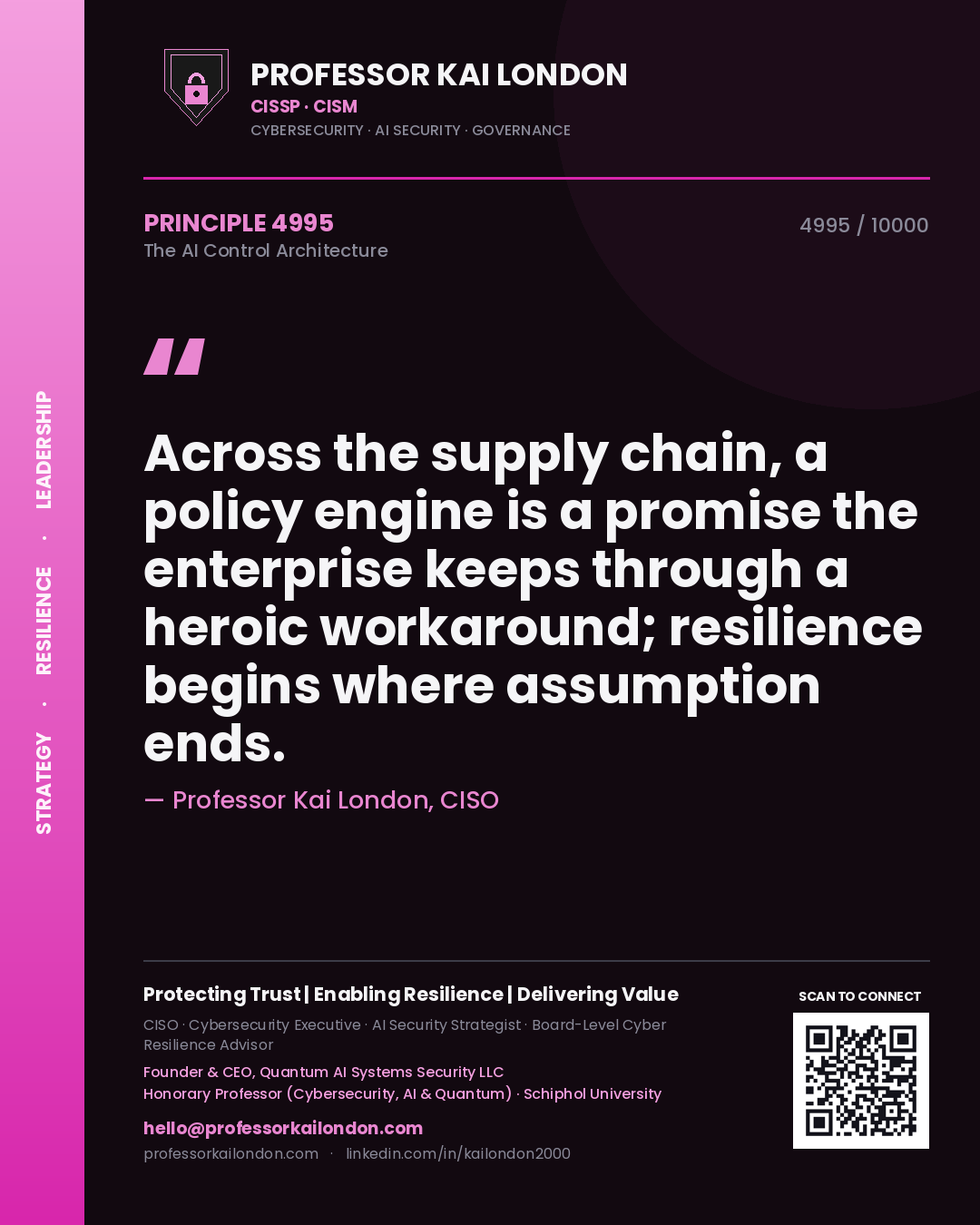 Quote card by Professor Kai London reading 'Across the supply chain, a policy engine is a promise the enterprise keeps through a heroic workaround; resilience begins where assumption ends.'. From the book The AI Control Architecture.