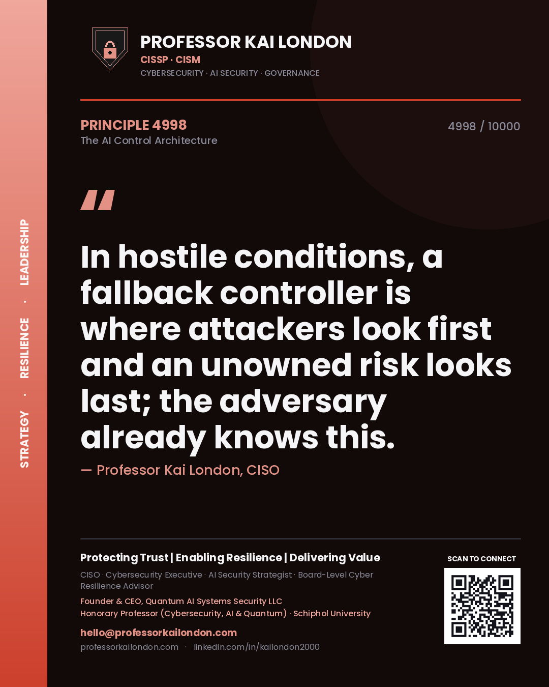Quote card by Professor Kai London reading 'In hostile conditions, a fallback controller is where attackers look first and an unowned risk looks last; the adversary already knows this.'. From the book The AI Control Architecture.