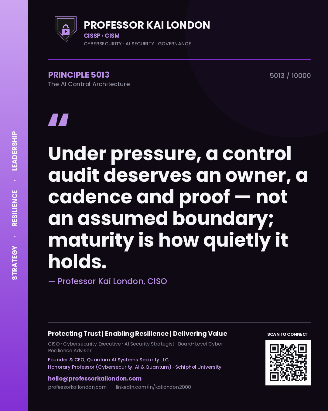 Professor Kai London principle 5013: Under pressure, a control audit deserves an owner, a cadence and proof — not an assumed boundary; maturity is how quietly it holds.