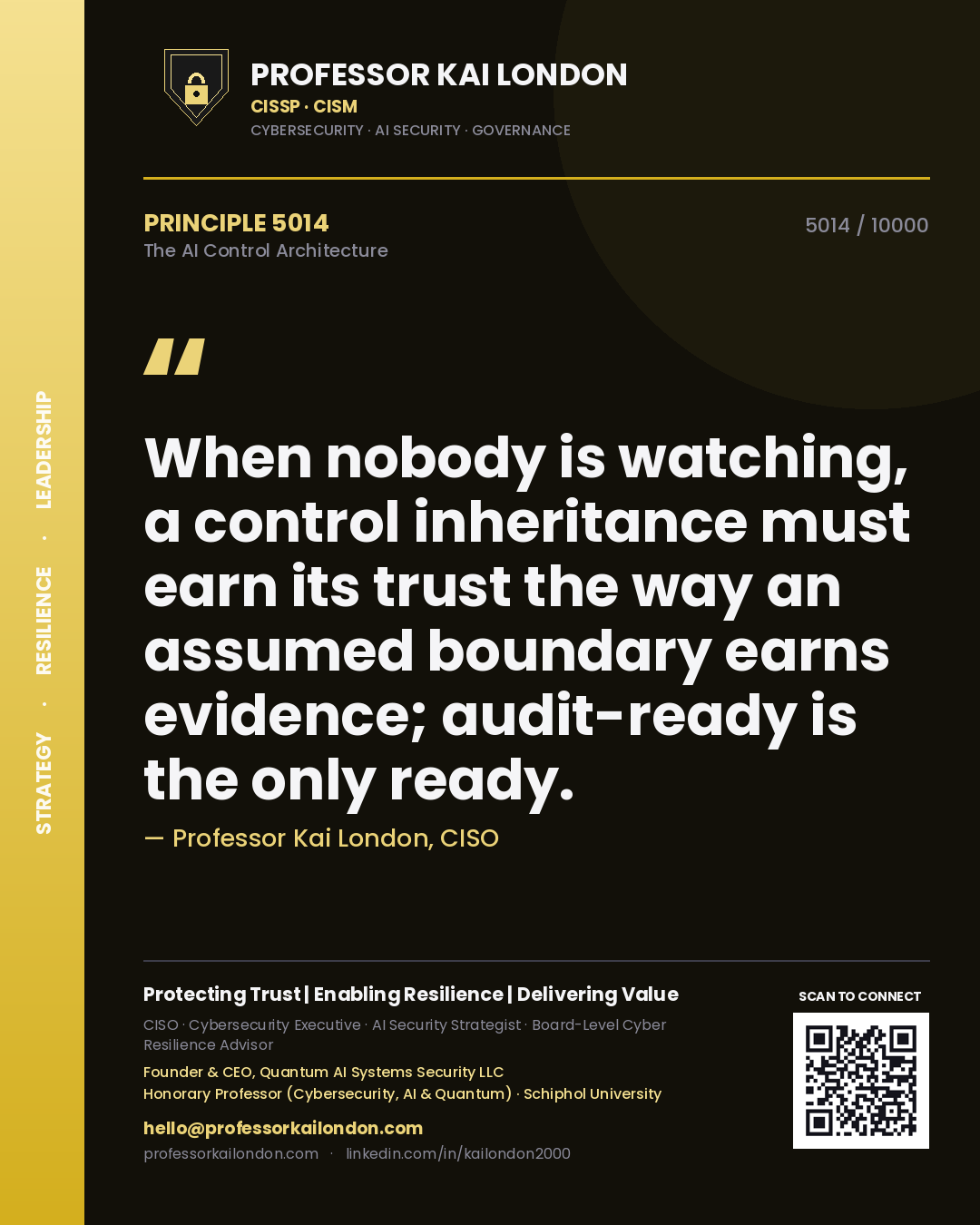 Professor Kai London principle 5014: When nobody is watching, a control inheritance must earn its trust the way an assumed boundary earns evidence; audit-ready is the only ready.
