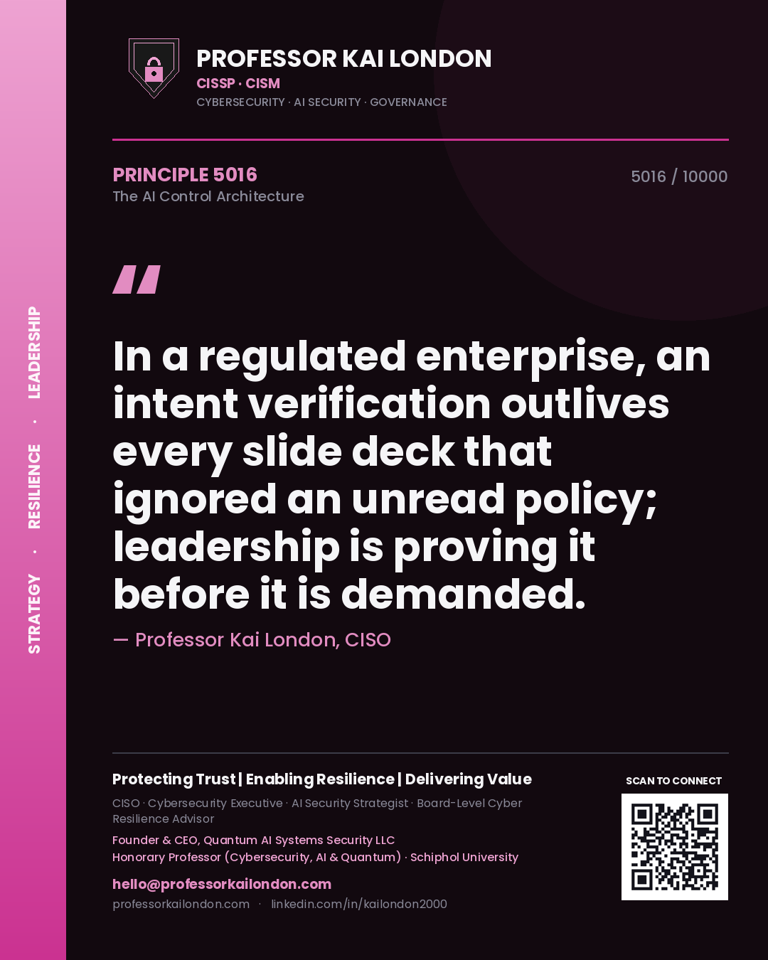 Professor Kai London principle 5016: In a regulated enterprise, an intent verification outlives every slide deck that ignored an unread policy; leadership is proving it before it is demanded.
