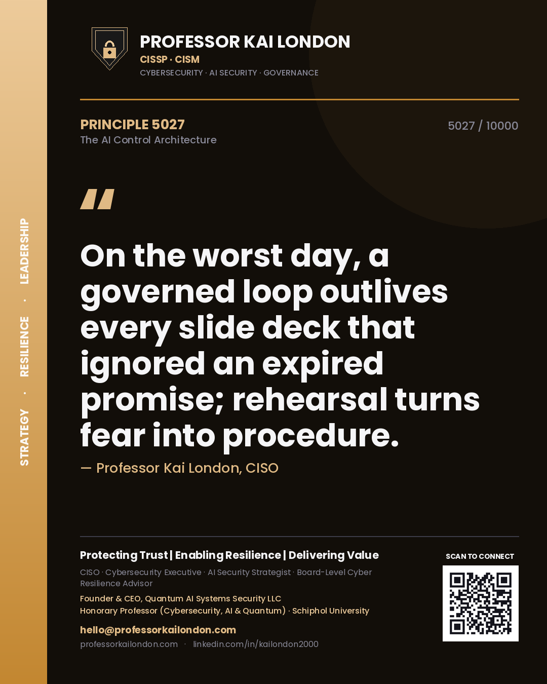 Quote card by Professor Kai London reading 'On the worst day, a governed loop outlives every slide deck that ignored an expired promise; rehearsal turns fear into procedure.'. From the book The AI Control Architecture.
