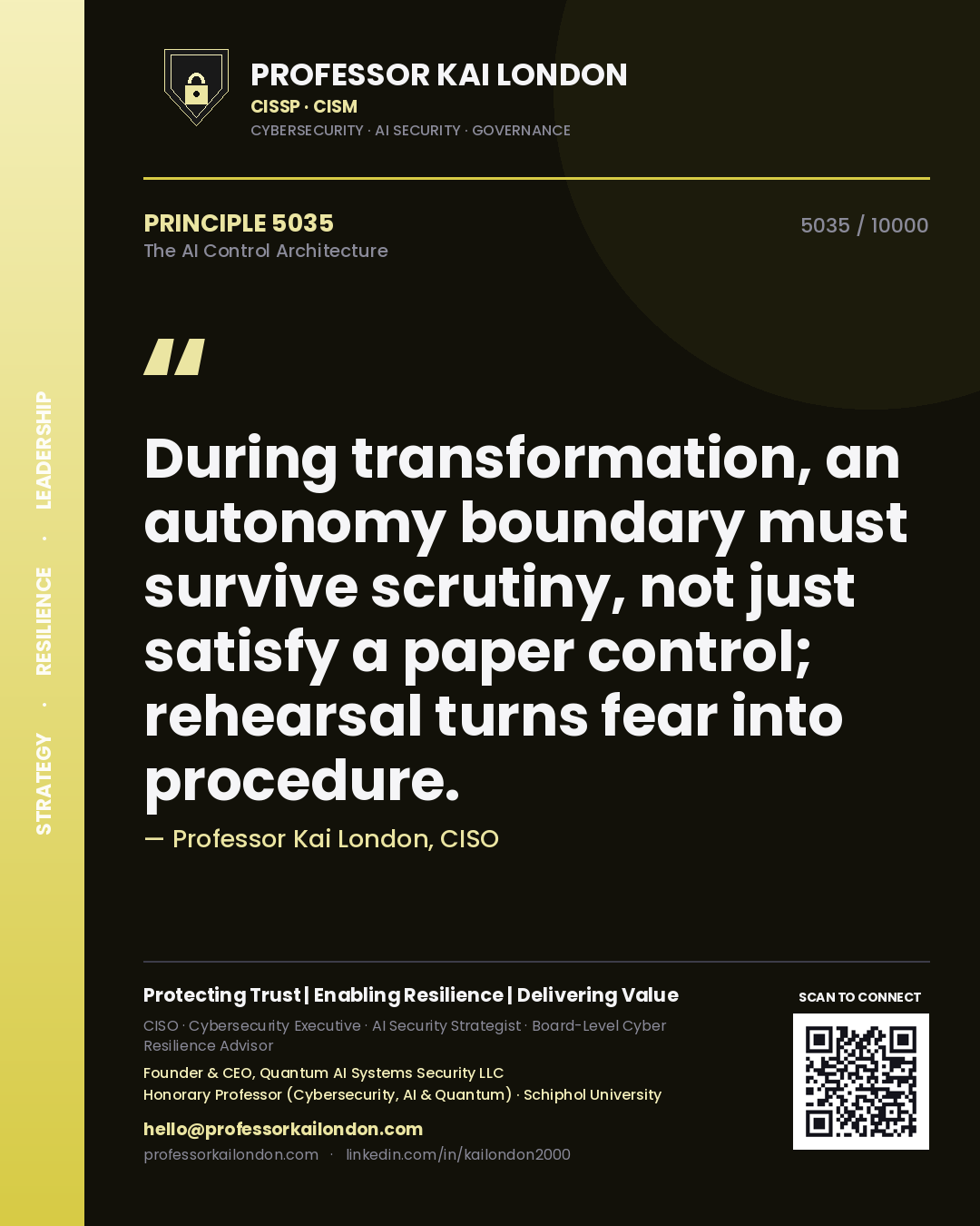 Quote card by Professor Kai London reading 'During transformation, an autonomy boundary must survive scrutiny, not just satisfy a paper control; rehearsal turns fear into procedure.'. From the book The AI Control Architecture.