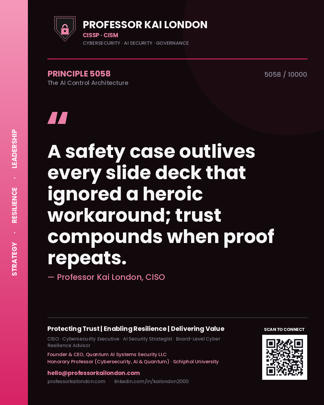 Professor Kai London principle 5058: A safety case outlives every slide deck that ignored a heroic workaround; trust compounds when proof repeats.