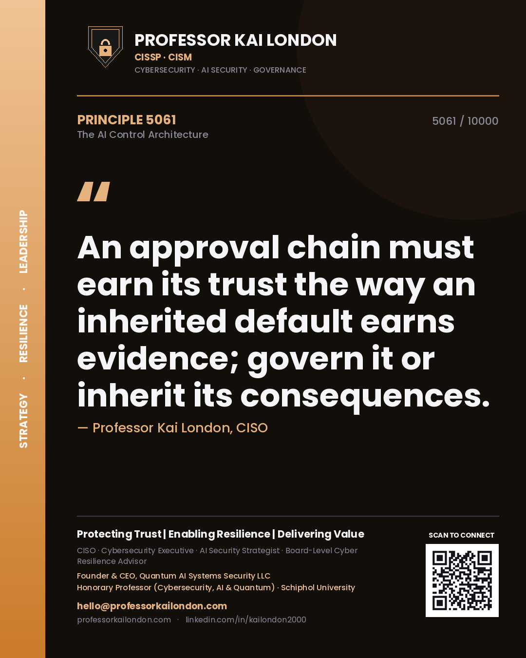 Quote card by Professor Kai London reading 'An approval chain must earn its trust the way an inherited default earns evidence; govern it or inherit its consequences.'. From the book The AI Control Architecture.