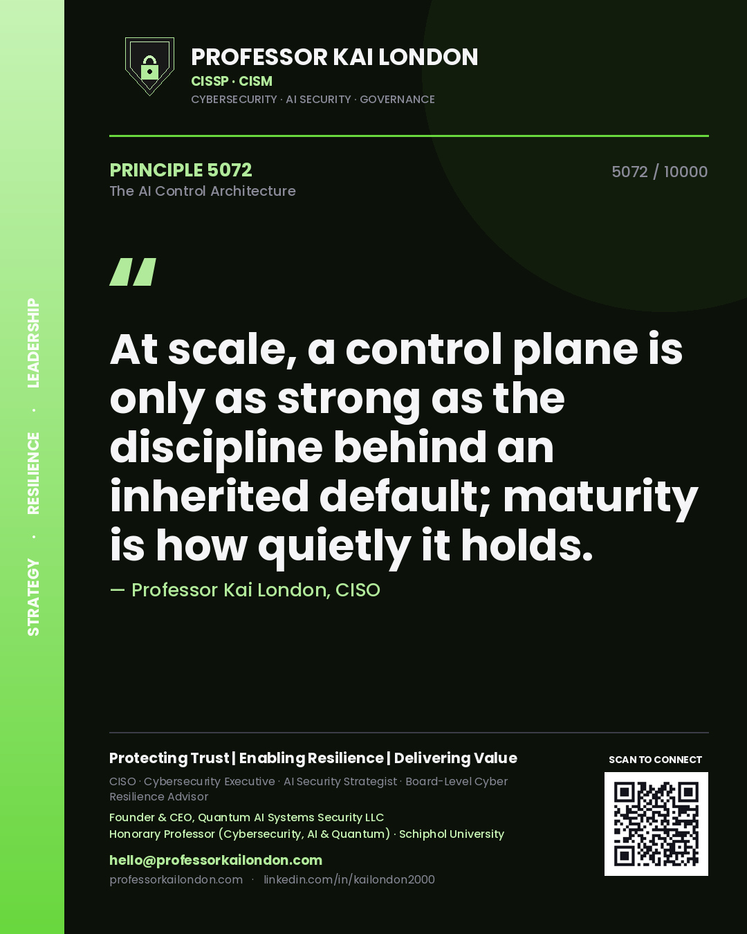 Quote card by Professor Kai London reading 'At scale, a control plane is only as strong as the discipline behind an inherited default; maturity is how quietly it holds.'. From the book The AI Control Architecture.