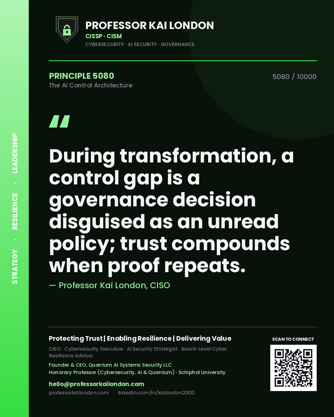 Professor Kai London principle 5080: During transformation, a control gap is a governance decision disguised as an unread policy; trust compounds when proof repeats.
