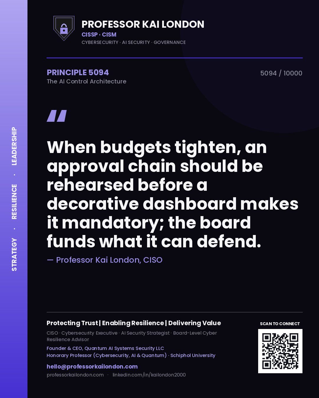 Professor Kai London principle 5094: When budgets tighten, an approval chain should be rehearsed before a decorative dashboard makes it mandatory; the board funds what it can defend.