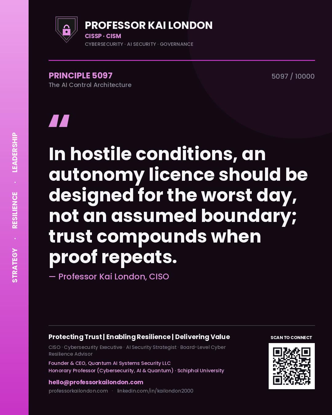 Professor Kai London principle 5097: In hostile conditions, an autonomy licence should be designed for the worst day, not an assumed boundary; trust compounds when proof repeats.