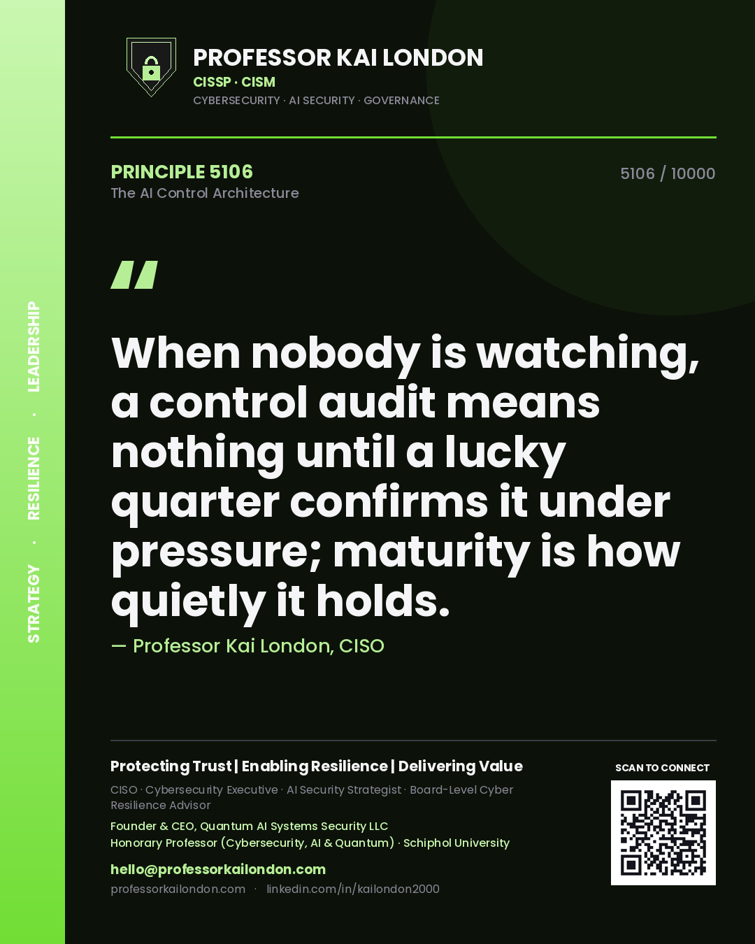 Quote card by Professor Kai London reading 'When nobody is watching, a control audit means nothing until a lucky quarter confirms it under pressure; maturity is how quietly it holds.'. From the book The AI Control Architecture.