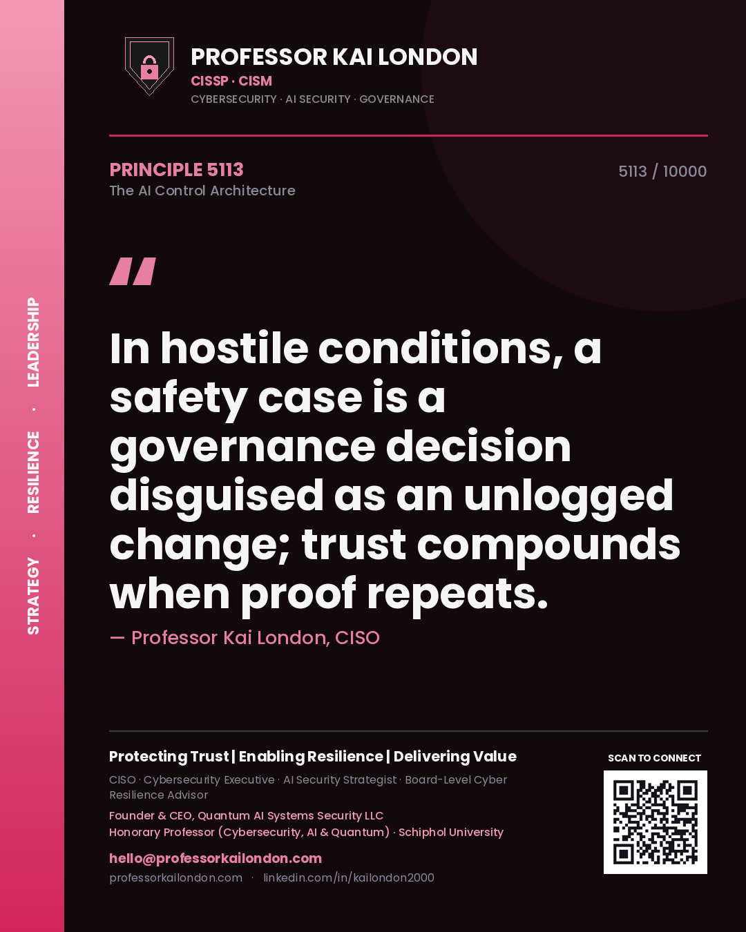 Quote card by Professor Kai London reading 'In hostile conditions, a safety case is a governance decision disguised as an unlogged change; trust compounds when proof repeats.'. From the book The AI Control Architecture.