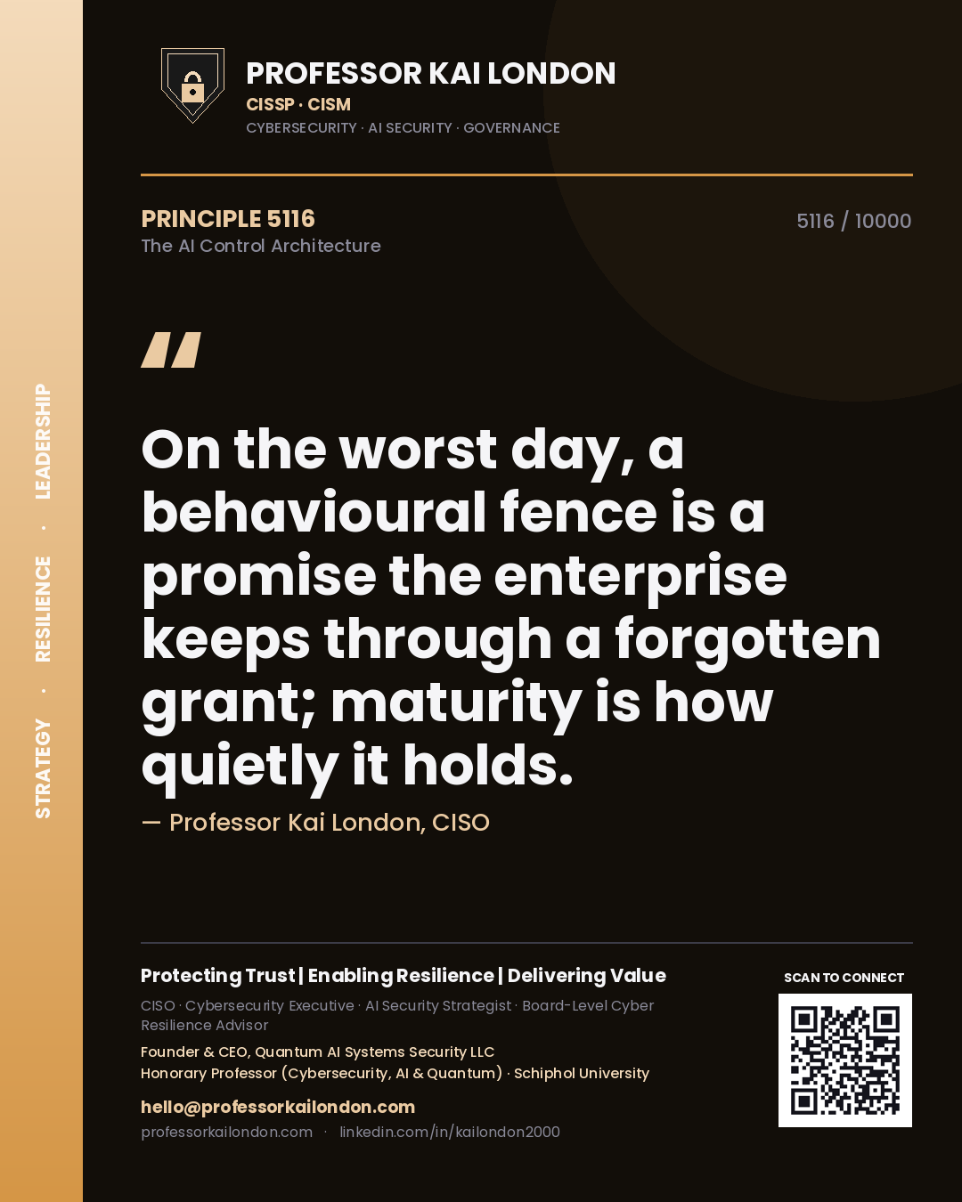 Quote card by Professor Kai London reading 'On the worst day, a behavioural fence is a promise the enterprise keeps through a forgotten grant; maturity is how quietly it holds.'. From the book The AI Control Architecture.