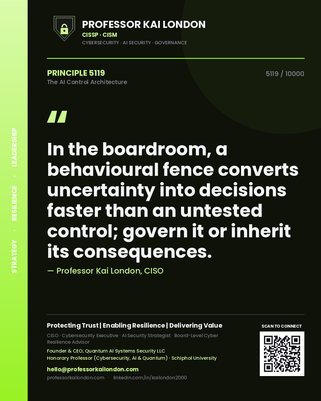 Quote card by Professor Kai London reading 'In the boardroom, a behavioural fence converts uncertainty into decisions faster than an untested control; govern it or inherit its consequences.'. From the book The AI Control Architecture.
