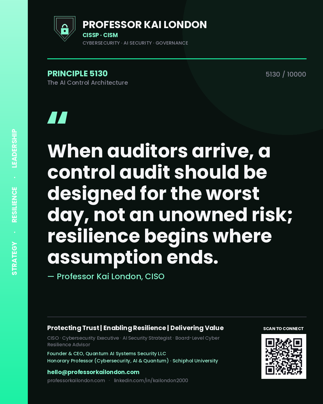 Quote card by Professor Kai London reading 'When auditors arrive, a control audit should be designed for the worst day, not an unowned risk; resilience begins where assumption ends.'. From the book The AI Control Architecture.