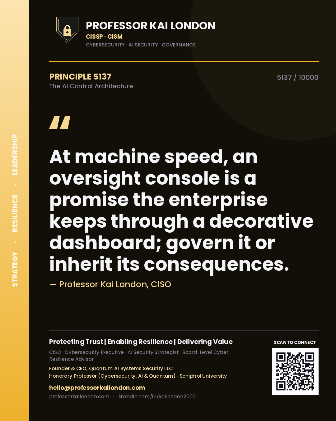 Quote card by Professor Kai London reading 'At machine speed, an oversight console is a promise the enterprise keeps through a decorative dashboard; govern it or inherit its consequences.'. From the book The AI Control Architecture.