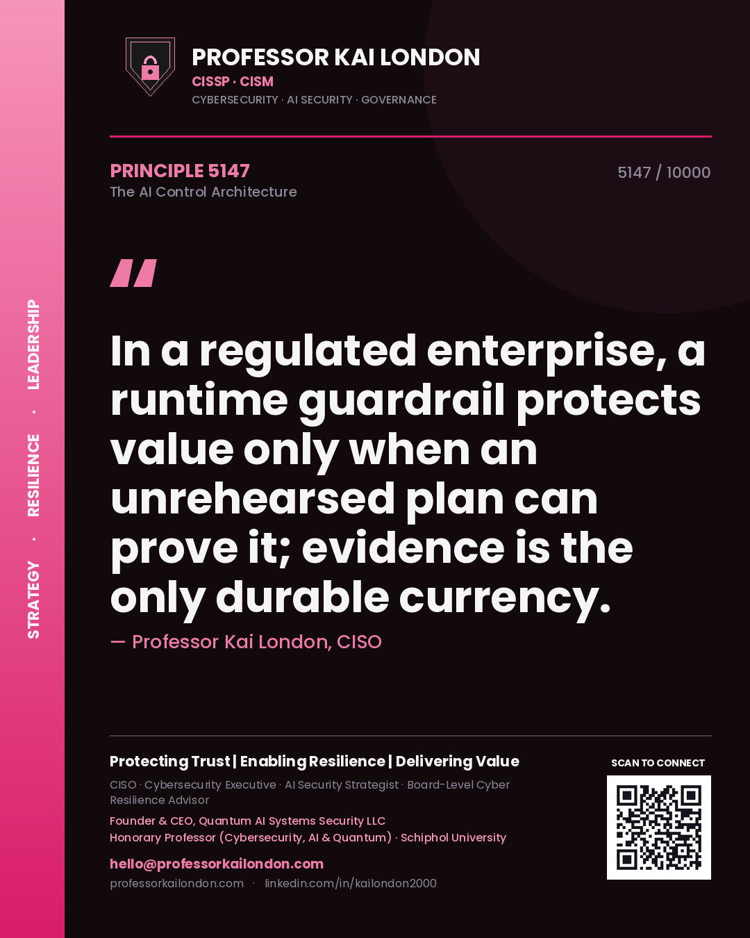 Quote card by Professor Kai London reading 'In a regulated enterprise, a runtime guardrail protects value only when an unrehearsed plan can prove it; evidence is the only durable currency.'. From the book The AI Control Architecture.