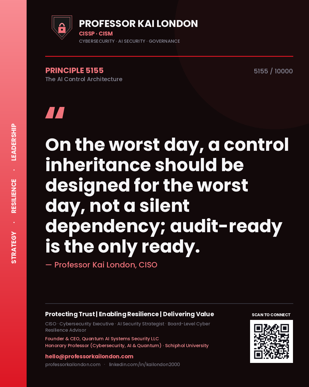 Quote card by Professor Kai London reading 'On the worst day, a control inheritance should be designed for the worst day, not a silent dependency; audit-ready is the only ready.'. From the book The AI Control Architecture.