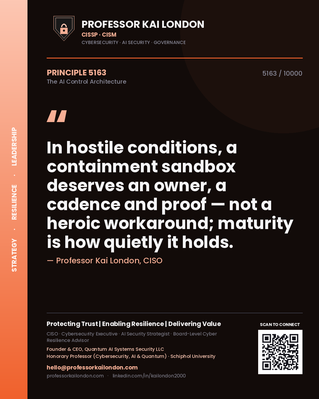 Quote card by Professor Kai London reading 'In hostile conditions, a containment sandbox deserves an owner, a cadence and proof — not a heroic workaround; maturity is how quietly it holds.'. From the book The AI Control Architecture.