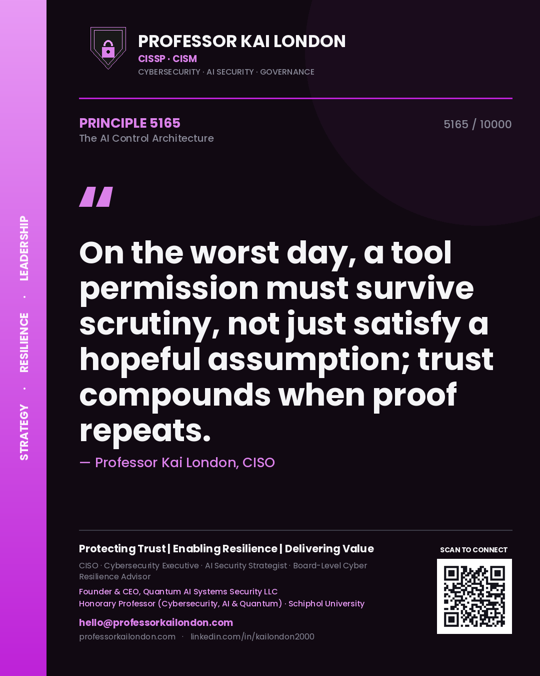 Quote card by Professor Kai London reading 'On the worst day, a tool permission must survive scrutiny, not just satisfy a hopeful assumption; trust compounds when proof repeats.'. From the book The AI Control Architecture.