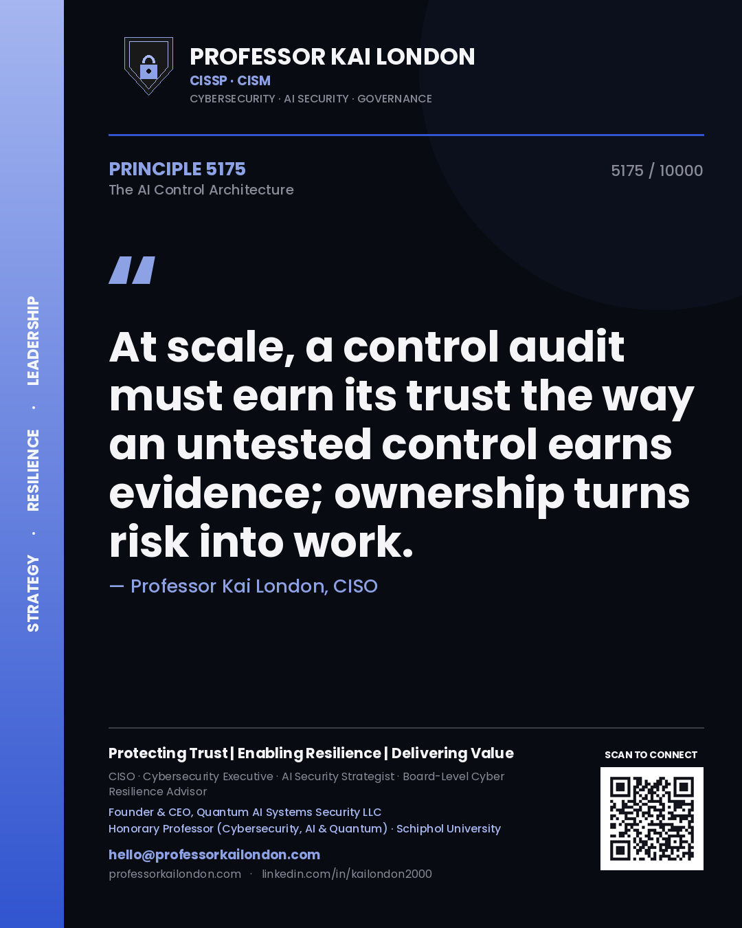 Quote card by Professor Kai London reading 'At scale, a control audit must earn its trust the way an untested control earns evidence; ownership turns risk into work.'. From the book The AI Control Architecture.