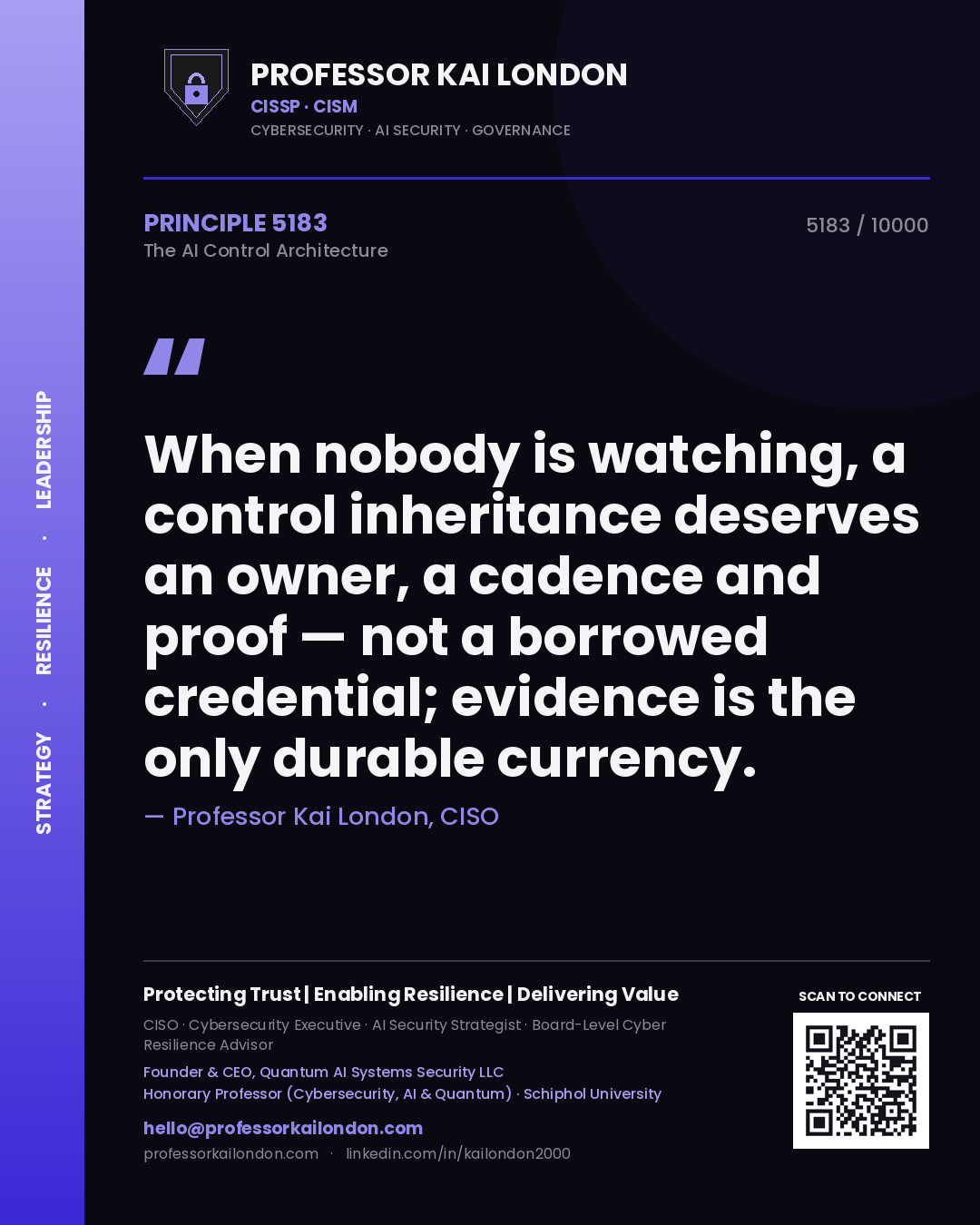 Quote card by Professor Kai London reading 'When nobody is watching, a control inheritance deserves an owner, a cadence and proof — not a borrowed credential; evidence is the only durable currency.'. From the book The AI Control Architecture.